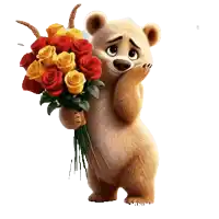 a teddy bear is holding a bouquet of roses in its paws