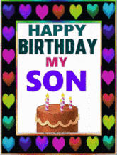 a colorful birthday card for a son with a cake and candles