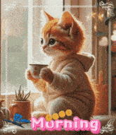 a kitten is sitting on a window sill holding a cup of coffee in front of a window with morning written on the bottom