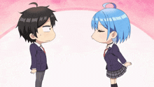 a boy and a girl are standing next to each other and the girl has blue hair