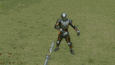 a cartoon character is holding a gun and a sword