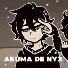 a black and white drawing of a person with akuma de nyx written on it