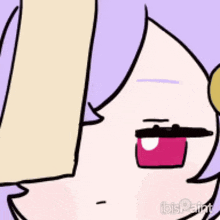 a close up of a cartoon character 's face with a purple hair and a red eye .