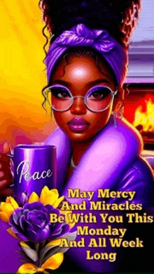 a woman in a purple coat is holding a purple cup that says peace on it