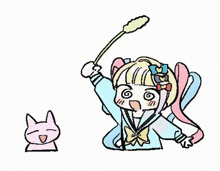 a cartoon of a girl holding a flower next to a cartoon character .