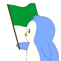 a penguin is holding a green flag in his hand
