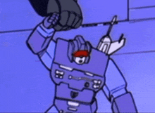 a cartoon of a purple robot with a red eye and a gun .