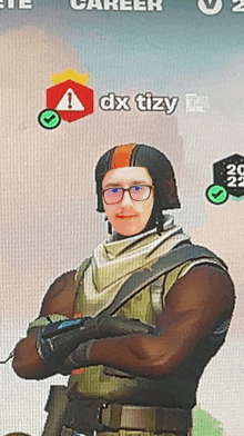 a man with glasses and a helmet is standing with his arms crossed in front of a screen that says dx tizy