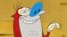a cartoon character with a blue nose has the word no written on his chest