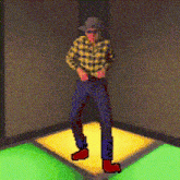 a pixelated image of a man in a plaid shirt and cowboy hat