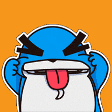 a blue and white cartoon character with a tongue sticking out