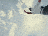 a group of people standing in the snow looking up at a cloudy sky