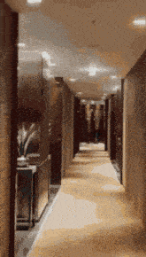 a long hallway in a hotel with a carpet on the floor