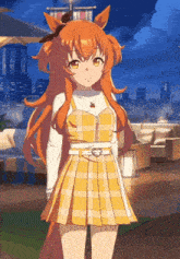 a girl in a plaid dress with a heart belt