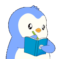 a cartoon penguin is reading a book with a pen in its beak