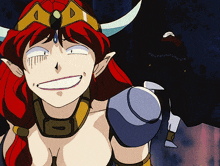 a woman with red hair and horns is smiling