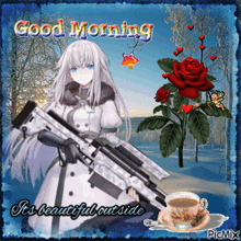 a picture of a girl holding a gun and a cup of coffee says good morning