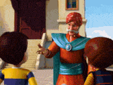 a man with a turban on his head talks to two children