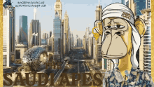a cartoon of a monkey in front of a city with the words " the saud apes "