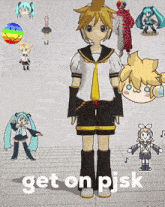 a cartoon character with the words get on pjsk on the bottom right