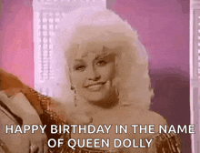 happy birthday in the name of queen dolly is a gif of a woman .