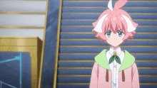 a girl with pink hair and blue eyes is standing in front of some stairs