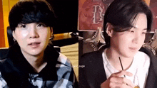 two young men are sitting next to each other on a video call and one of them is holding a stick in his hand .
