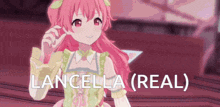 a girl with pink hair is standing in front of a sign that says lancella
