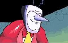 a cartoon character with a long nose is wearing a red jacket and a yellow tie