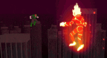 a pixel art illustration of a person shooting a fireball in the air .