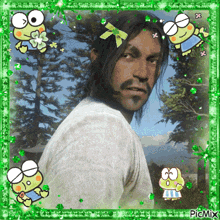 a picture of a man in a white shirt with frogs and flowers around him and the caption picmix
