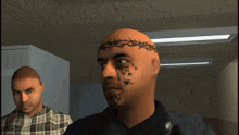 a bald man with a tattoo on his face looks at the camera