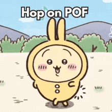 a cartoon rabbit is standing in a field with the words `` hop on pof '' written above it .