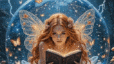 a fairy is reading a book surrounded by butterflies and stars .