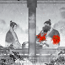 a black and white drawing of two men with red flowers and the word picmix on the bottom right