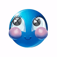 a blue smiley face with big eyes and a pink bubble on its cheeks