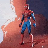 a spider man is standing in front of a wall with a button that says rotate