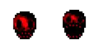 a pixel art of a skull with red eyes and a black background .