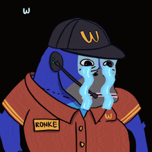 a cartoon of a gorilla wearing a mcdonald 's hat and a patch that says ronke