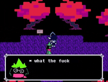 a pixel art screenshot of a video game where a character is talking to another character and says `` what the fuck '' .