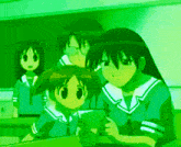 a group of anime characters are sitting around a table in a green room