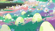 a drawing of flowers and eggs in a garden