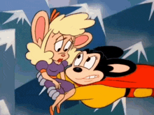 a cartoon of a mouse and a woman sitting next to each other .