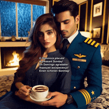a man in a military uniform is holding a cup of coffee next to a woman