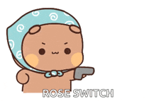 a cartoon bear is pointing a gun at hearts with the words rose switch below it .