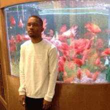 a man in a white sweater stands in front of an aquarium full of fish