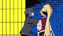 a couple of anime characters are standing next to each other against a brick wall .
