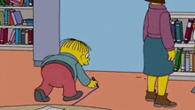 a cartoon character is measuring something with a tape measure in a library while a woman stands behind him .