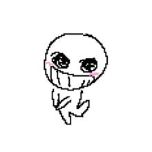 a pixel art drawing of a cartoon character with a big smile on his face and pink cheeks .