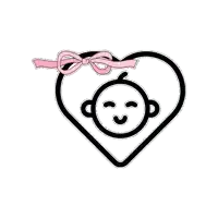 a black and white drawing of a baby 's face inside of a heart with a pink bow .